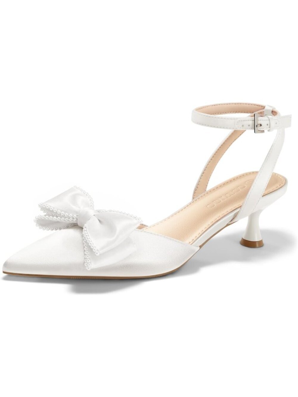 Women's White Satin Low Heel Bow Pearl Closed Pointed Toe Ankle Strap Pump Shoes